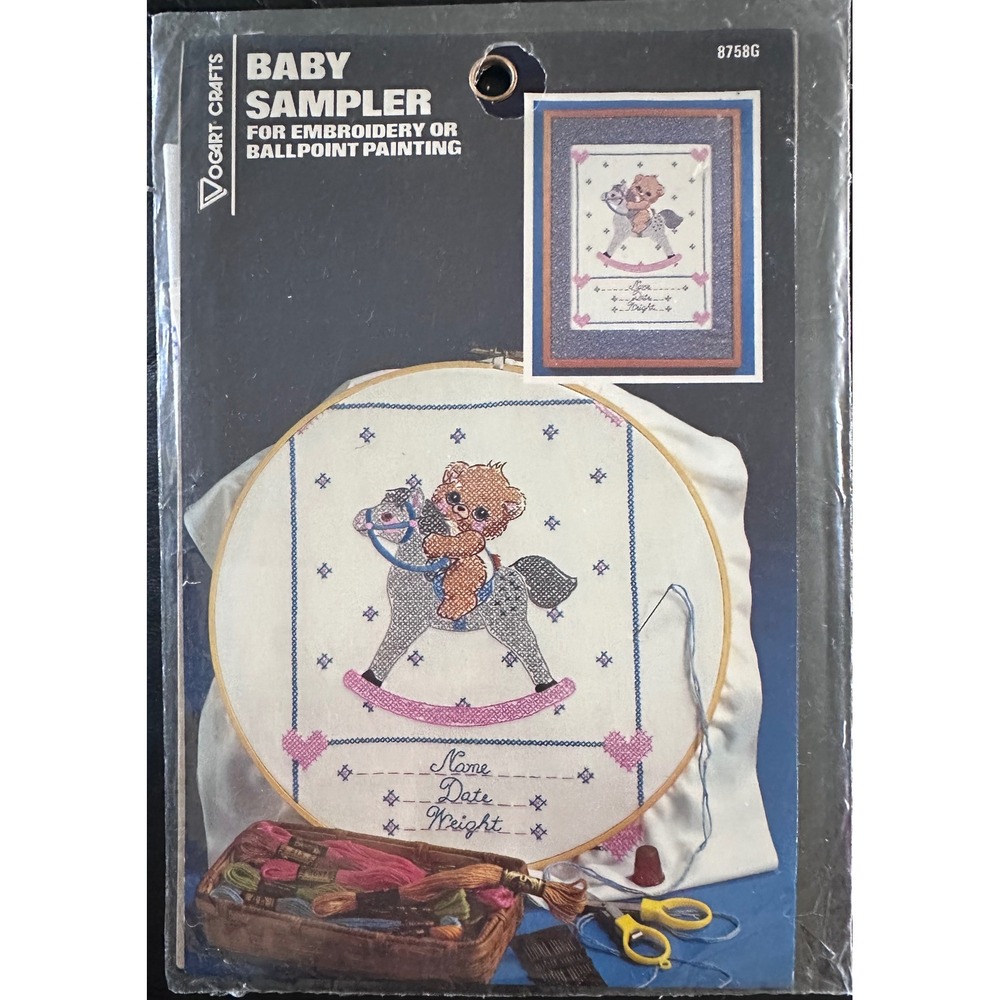 Vogart Crafts Baby Bear Stamped Sampler Embroidery Kit 8758G Rocking Horse DIY